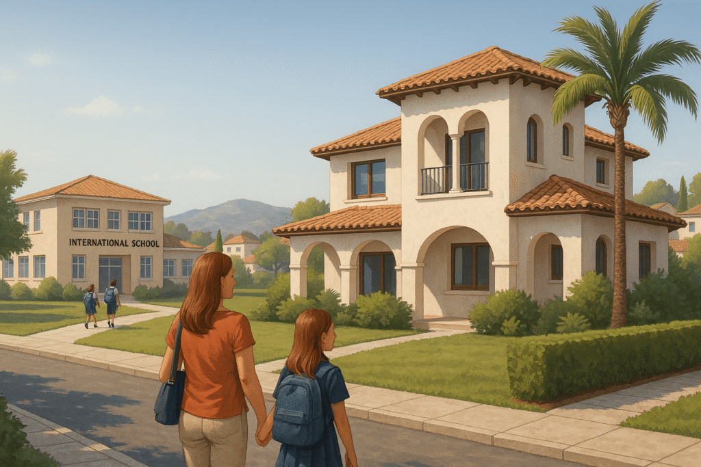 Сгенерировано Sora: мама с дочкой рядом с большим домом на Коста-Бланке, расположенном у международной школы